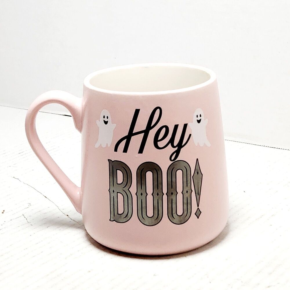 Hey BOO! Cute Halloween Ghost Large Coffee Mug/Cup Cobwebs & Cauldrons Pink